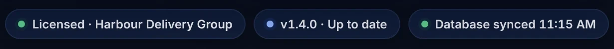 Footer status: Licensed, version up to date, database synced