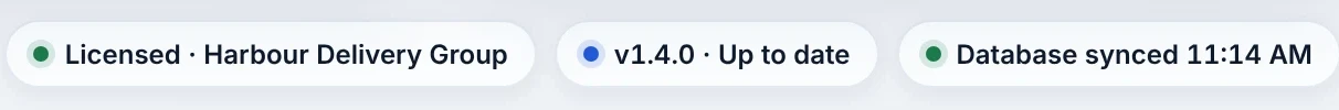 Footer status: Licensed, version up to date, database synced